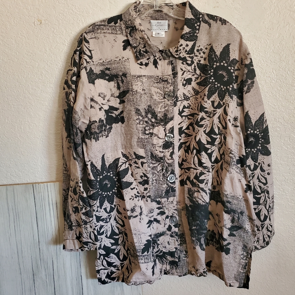 Hot Cotton Marc Ware Black Tan Linen Blouse Women's Med Floral Minimalist Natura